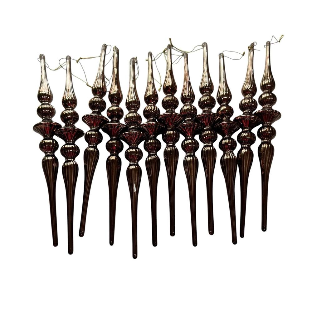 LARGE Finial Icicle Ornaments Christmas 12" Blown Mercury Glass Bronze Lot Of 12